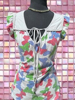 Butterfly Print Tie-Front Women’s Top - White/Multicolor